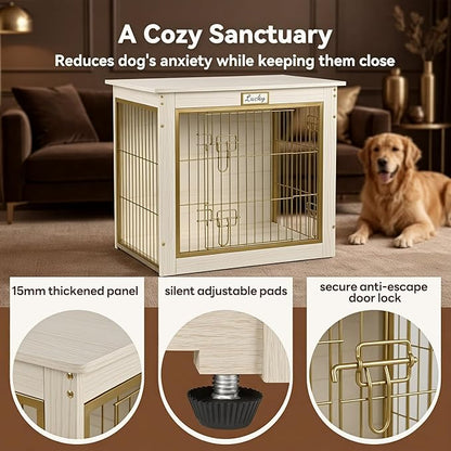 Luxury Dog Crate Furniture with Double Doors, White Wood Pet Crate End Table with Gold Metal Bars, Heavy Duty Indoor Dog Kennel for Small Medium Dogs, Furniture Style Dog Cage