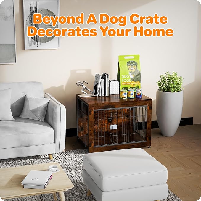 Dog Crate Furniture, Wooden Dog Crate 32in, Decorative Cage with End Table for Dog Indoor Kennel, High Anxiety Dog, Escape-Proof Locks for All Breeds