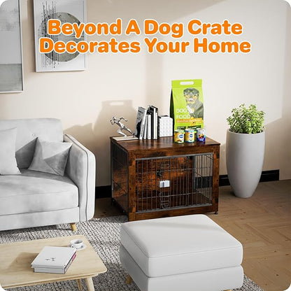 Dog Crate Furniture, Wooden Dog Crate 32in, Decorative Cage with End Table for Dog Indoor Kennel, High Anxiety Dog, Escape-Proof Locks for All Breeds