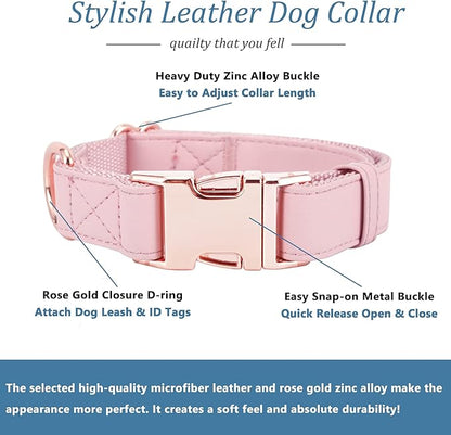 Dog Collar and Leash Set.Soft and Easy to Clean Vegan Leather with Rose Gold Metal Buckle for Small Medium Large Dogs (Pink, XS(8"-12"))