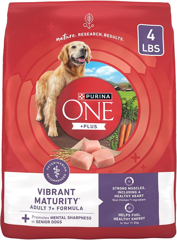 Purina ONE High Protein Dry Senior Dog Food Plus Vibrant Maturity Adult 7 Plus Formula - (Pack of 4) 4 lb. Bags