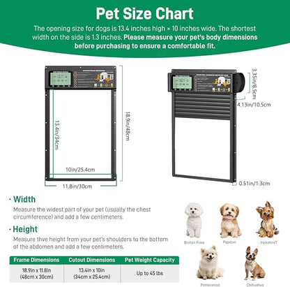 Automatic Pet Door, Dog Door Radar, Timer & Light Sensor Modes, Solar & USB Rechargeable Doggy Door, Durable Aluminum, Weatherproof, 10"×13", 24/7 Operation for Small Pets Up to 45 lb (Black)