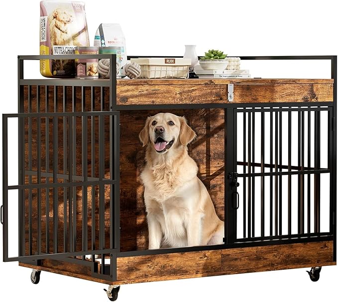 45 Inch Dog Crate Furniture for Large Dog with 2 Stainless Steel Bowls, Heavy Duty Dog Kennel Indoor, Large Wooden Dog Crate Table for Decorate House As TV Stand, End Table