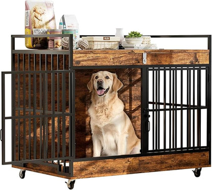 45 Inch Dog Crate Furniture for Large Dog with 2 Stainless Steel Bowls, Heavy Duty Dog Kennel Indoor, Large Wooden Dog Crate Table for Decorate House As TV Stand, End Table