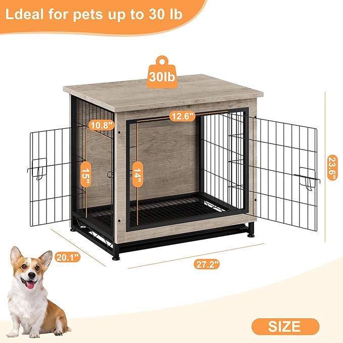 Vongrasig Dog Crate Furniture, Side End Table, Modern Wooden Kennel for Dogs Indoor, Heavy-Duty Dog Cage with Multi-Purpose Removable Tray, Double-Door Dog House, Grey