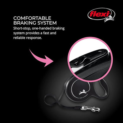 FLEXI New Classic Cord Retractable Dog Leash for Medium Dogs up to 44 lbs. – 26 ft., Black | Tangle-Free Pet Walking Leash with One-Handed Brake, Pause, Lock | German Quality Product