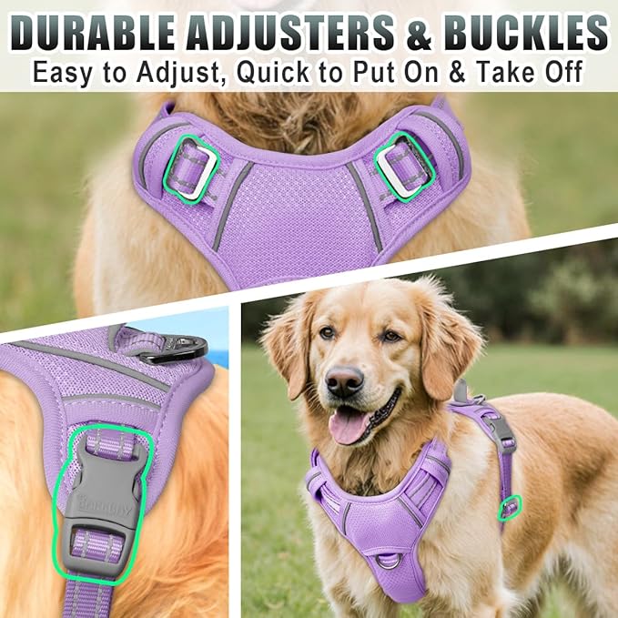 BARKBAY No Pull Dog Harness Large Reflective Dog Harness with Front Clip and Easy Control Handle for Walking Training Running with ID tag Pocket(Violet Purple,L)