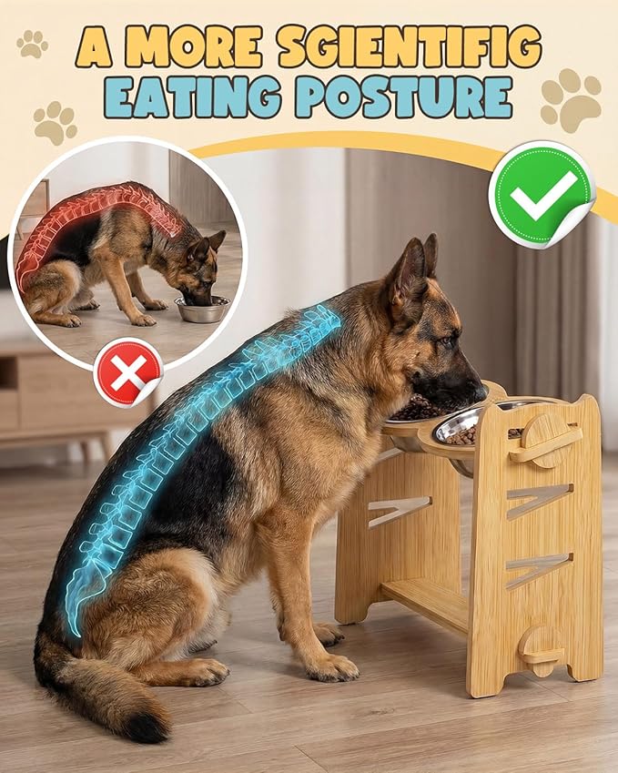 Jovrun Elevated Dog Bowls, Adjustable Raised Dog Bowl Stand for Medium Large Size Dogs, 15°Tilted Elevated Dog Bowls, Durable Bamboo Dogs Feeder with 2 Stainless Steel Bowls and Non-Slip Feet