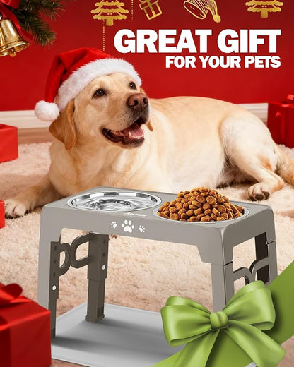 Jovrun Elevated Dog Bowls for Medium Size Dogs with Mat, Non-Slip Dog Feeder with 1*Stainless Steel Dishes & 1*Slow Feeder Bowl, 5 Heights Adjustable Raised Bowls for 3.15″-8.66″-9.84″-11.02″-12.2″