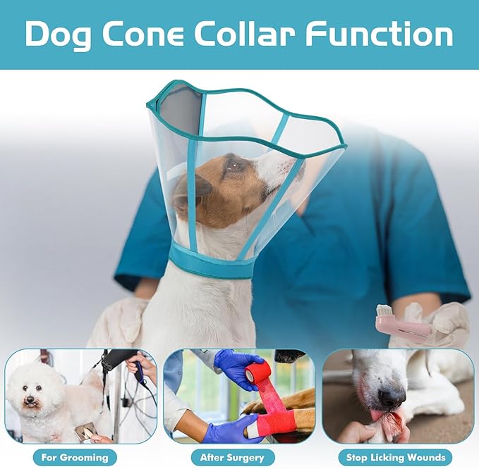 Clear Dog Cone, Elizabethan Collar for Dogs to Stop Licking, Plastic Pet E-Collar Alternative After Surgery, Adjustable Dog Recovery Cone for Wound Healing