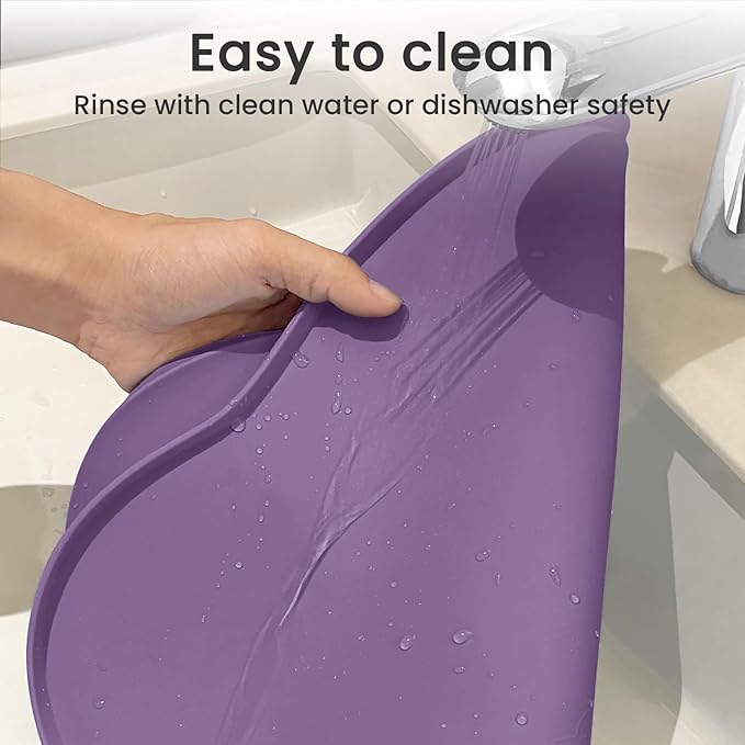 Ptlom Dog Food Mat Anti-Slip Dog Bowl Mats for Food and Water, Waterproof Pet Placemat Prevent Messy Spills to Floor, High-Lips Puppy Feeding Trays for Small Medium Large Dogs Cats, Silicone, Purple