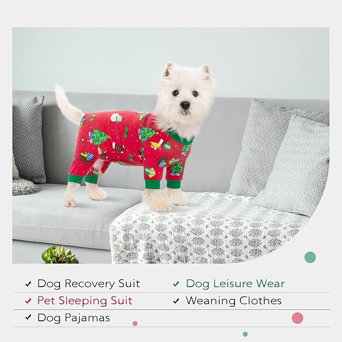 Dog Surgery Recovery Suit for Female Male Dogs, Christmas Dog Onesie Pajamas with Long Sleeve, Xmas Cat Abdominal Wound Bandages Surgical Suit for Shedding Skin Disease