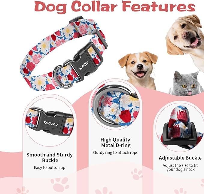Kazazoo Dog Collar Cute and Soft Nylon Puppy Collar Girl, Adjustable Dog Collars for Medium Large Dogs, Blue and Pink Flowers-L