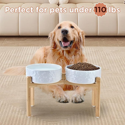 SPUNKYJUNKY Elevated Dog Bowls Ceramic, 8.3'' Dogs Food Water Bowls Raised with Non-Slip Bamboo Stand for Large Sized Breed Microwave Dishwasher Safe - 60 OZ,Skull White
