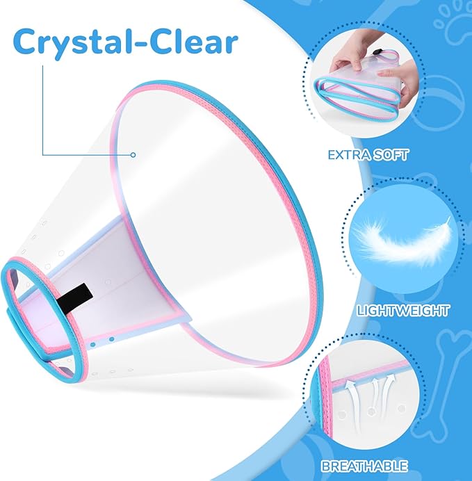 Soft Dog Cone Collar for Dogs After Surgery, Transparent Cone for Dogs to Stop Licking, Breathable Dog Neck Cone for Small Medium Large Dog, Adjustable Elizabethan Pet Recovery Collar (Pink, Size 3)