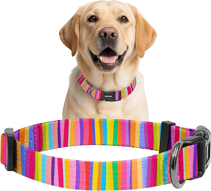 Kazazoo Dog Collar Cute and Soft Nylon Puppy Collar for Boy and Girl, Adjustable Dog Collars for Medium Large Dogs, Rainbow-L