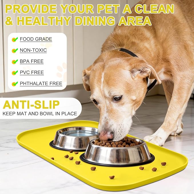 Smilool Silicone Pet Food Mat with Raised Edge for Food and Water Bowl, Dog Feeding Mats, Cat Food Trays for Floor Waterproof, Rubber Tray for Dogs and Cats, 24 x 16 x 0.8 Light Yellow
