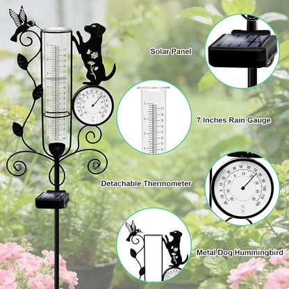 YJFWAL Dog Rain Gauge Outdoor, Decorative Metal Hummingbird Solar Rain Gauge with LED Light and Thermometer, Garden Decor for Yard, Lawn, Pathway, Farm
