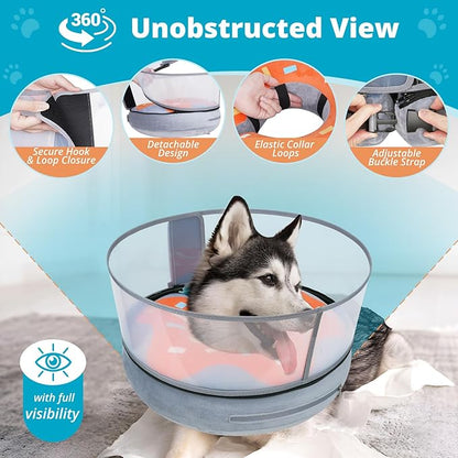 Inflatable Dog Cone with Transparent Shield, Protective Dog Donut Collar After Surgery to Stop Licking, Soft Donut Cone for Medium Plus Pets, Adjustable Recovery Collar with Buckle Visibility