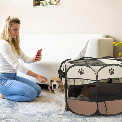Dog playpen, Foldable Puppy Playpen, Pet Playpen Carrier Pop Up Tent 8-Panel Mesh Cover Adorable Design 600D Soft Oxford Playpen Kennel for Indoor-Outdoor Dog Cat Rabbit. (M 35" 35" 24", Brown)