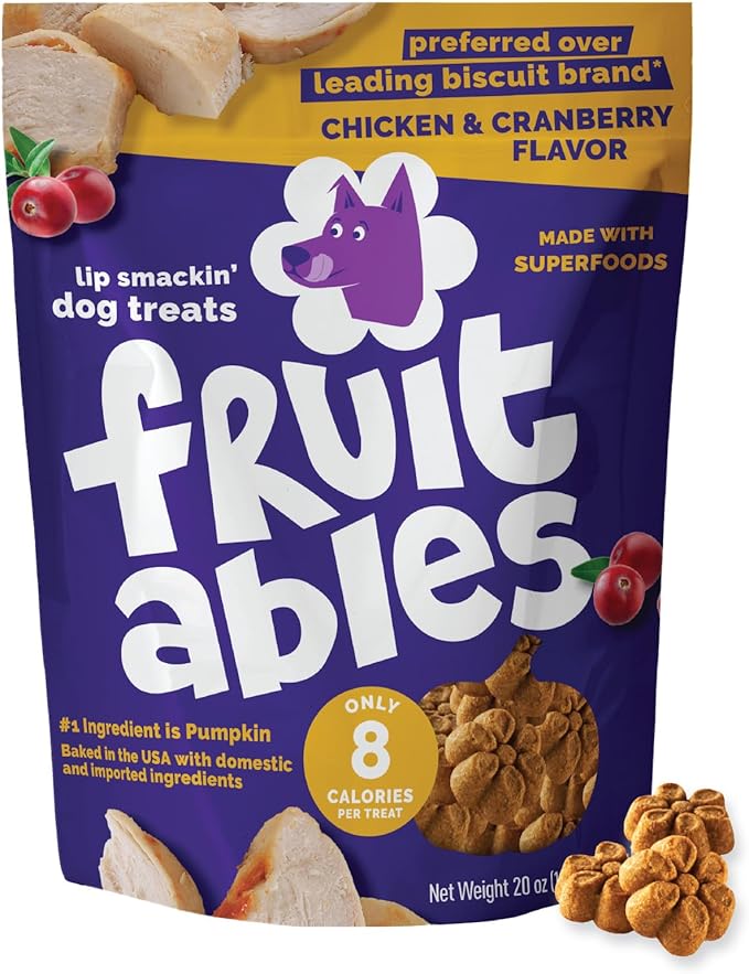 Fruitables Baked Dog Treats, Healthy Pumpkin Treat for Dogs, Low Calorie & Delicious, Made Without Wheat, Corn and Soy, Made in The USA, Allergy Friendly, Chicken and Cranberry Flavor, 20 oz