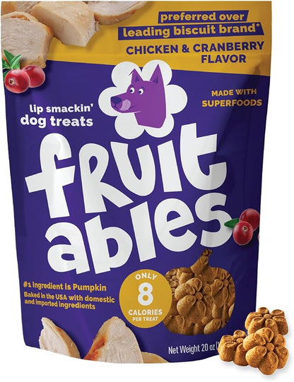 Fruitables Baked Dog Treats, Healthy Pumpkin Treat for Dogs, Low Calorie & Delicious, Made Without Wheat, Corn and Soy, Made in The USA, Allergy Friendly, Chicken and Cranberry Flavor, 20 oz