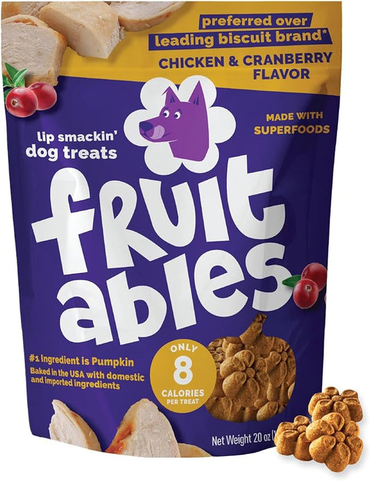 Fruitables Baked Dog Treats, Healthy Pumpkin Treat for Dogs, Low Calorie & Delicious, Made Without Wheat, Corn and Soy, Made in The USA, Allergy Friendly, Chicken and Cranberry Flavor, 20 oz