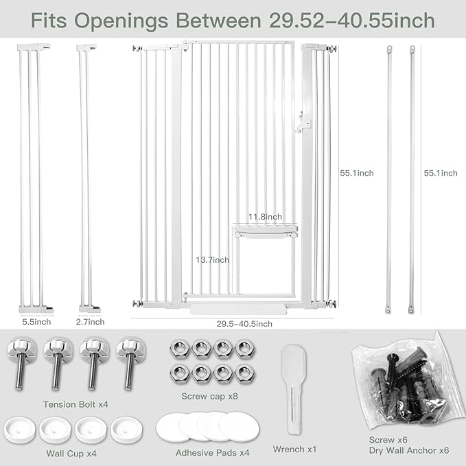 SHYUJAJIE 55 Inch Extra Tall Pet Gate with Small Cat Door, 29.55"-40.55" Adjustable Wide Dog Gate, Tall Cats Gates for Doorway, Stairs, House(White)
