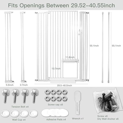 SHYUJAJIE 55 Inch Extra Tall Pet Gate with Small Cat Door, 29.55"-40.55" Adjustable Wide Dog Gate, Tall Cats Gates for Doorway, Stairs, House(White)