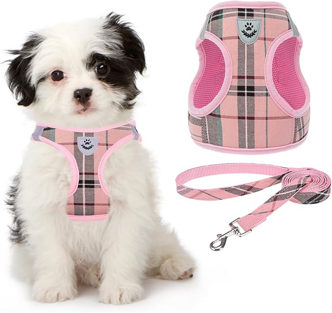 KOOLTAIL Small Dog Harness and Lead Set, Soft Mesh Plaid Puppy Harness with Safety Buckle, Adjustable & Comfortable Padded Reflective Vest for Puppies and Small Breeds Dogs Walking,Pink,X-Small