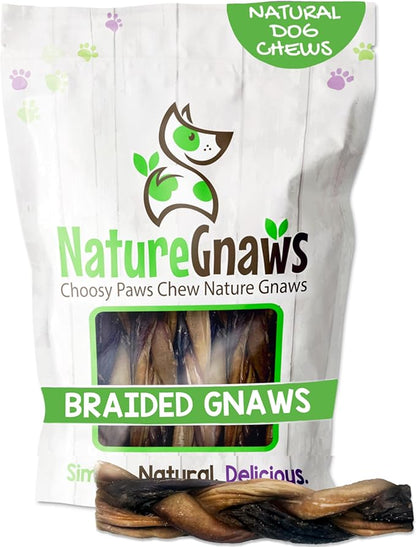Nature Gnaws Braided Gnaws for Dogs 5-6" (3 Count) - Long Lasting for Small and Medium Dogs - Natural Beef Bully Stick Combo Braids - Rawhide Free