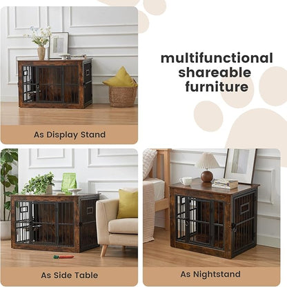 27 Inch Heavy Duty Dog Crate Furniture for Puppy/Small Dogs, Decorative Pet House End Table with 3 Doors, Wooden Cage Kennel Furniture Indoor, Rustic Brown - Without Bowls