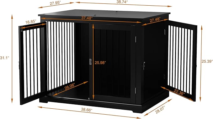 PUPETPO Large Dog Crate Furniture, Wooden Dog Kennel with Cushion, Dog Crate End Table Large, Indoor Dog Kennel, Modern Decorative Dog Crates with Flip Top, Chew-Proof Metal Bars, Black
