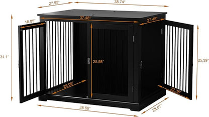 PUPETPO Large Dog Crate Furniture, Wooden Dog Kennel with Cushion, Dog Crate End Table Large, Indoor Dog Kennel, Modern Decorative Dog Crates with Flip Top, Chew-Proof Metal Bars, Black
