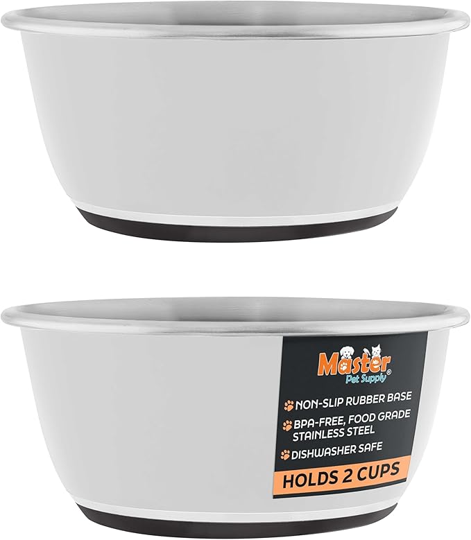 Master Pet Supply Stainless Steel Dog Bowls Set of 2 (16 Oz Each) with Non-Slip Rubber Base - Bone White - Basic Dog Food Bowl Water & Food Bowls for Small Medium Large Dogs & Cats, Metal Dish