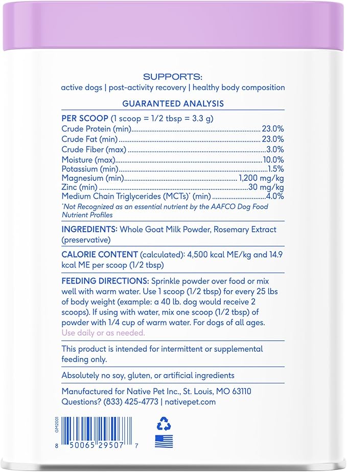Native Pet Goat Milk Powder - Dog Food Topper for Active Dogs - Post-Activity Recovery, Energy, Immune Support, Hydration & Bone Health - Whole Goat Milk with MCTs & Essential Minerals - 120 Scoops