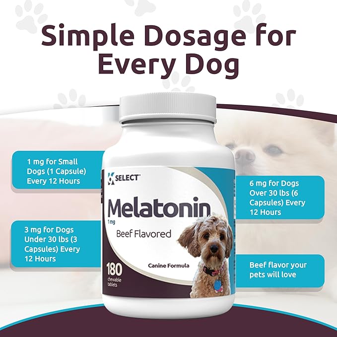 K9 Select Melatonin for Dogs - Calming Chews - Dog Melatonin for Sleep - Reduce Stress, Helps Overall Health Composure Calming Treats for Small Dogs - 1 mg, 180 Beef Flavored Chewable Tablets