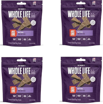 Whole Life Dog Just One Beef Liver Freeze Dried Dog Treats - Human Grade High Protein Food, Healthy Training Snacks, Freeze Dried Food Toppers, USA Made Natural Treats - 18 oz (Pack of 4)