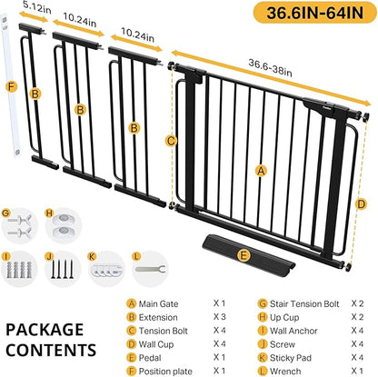 Cumbor 36.6-64" Extra Wide Baby Gate for Stairs, Dog Gates for Doorways, Auto-Close Pet Gate Indoor, Pressure Mounted Walk Through Safety Child Gate for Kids Toddler, Tall Pet Puppy Fence Gate, Black