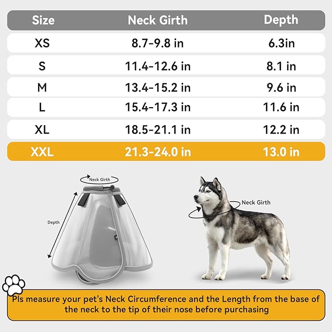 Upgraded Dog Cone Collar for Large Medium Dogs, Soft Dog Cone with Double-Layer Design, Adjustable Pet Recovery Collar for Dogs After Surgery, Elizabethan Collar (XXL, Grey)