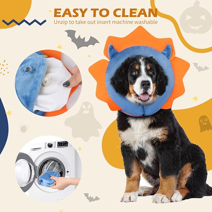 IEUUMLER Inflatable Recovery Dog Collar, Protective Donut Cone, Adjustable Soft Collar for Dog and Cat After Surgery Prevent from Biting & Scratching EU002 - Blue Demon L