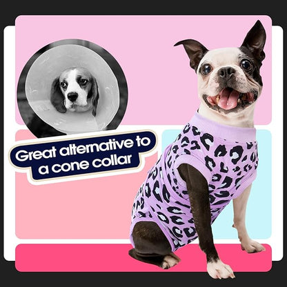 FUAMEY Recovery Suit for Dogs After Surgery,Soft Breathable Dog Bodysuit E-Collar & Cone Alternative Surgical Suit,Male Female Dog Neuter Spay Suits Anti Licking Wounds Onesie Purple Leopard L