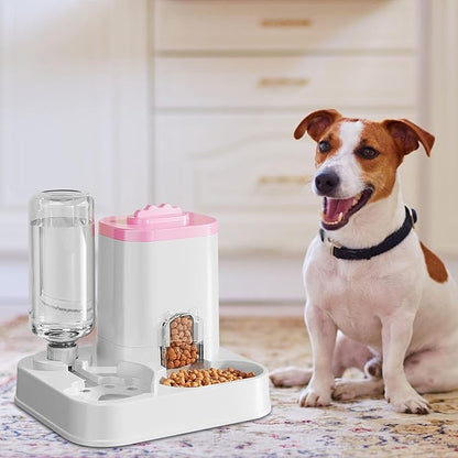 Automatic Dog Cat Feeder and Water Dispenser Combo, 10L Large Capacity Pet Food and Water Station with Integrated Bowl for Multiple Pets (Pink)
