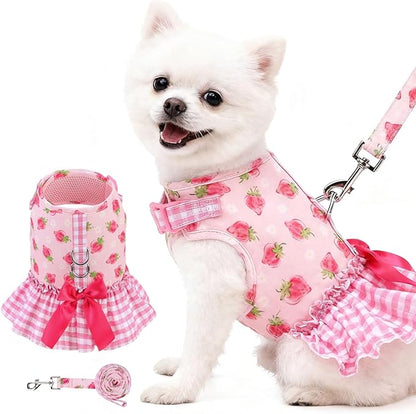EXPAWLORER Dog Harness Small Medium Sized Dogs, Plaid Dog Dress Bowknot Harness and Leash Set, No Choke No Pull Soft Mesh Vest Cute Princess Puppy Outfits Clothes Costume for Girls Party Cats Pink S