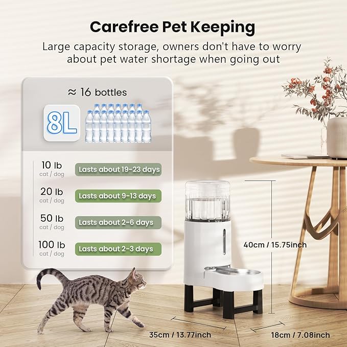 CZPET Elevated Dog Water Bowl Dispenser for Large Dogs,8L Tall Raised Pet Waterer Stand,Relieve Neck Pressure,Large Capacity and Drinking Area Noise-Free for Pets (8L+Stand,White)