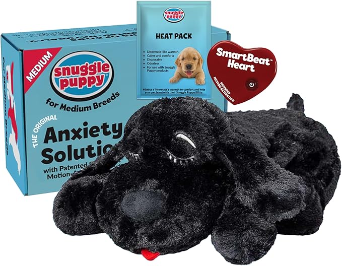 Snuggle Puppy Heartbeat Dog Toy for Puppies, Real-Feel Heartbeat, Calming Sleep Aid and Crate Training Comfort Toy with Heat Pack, Black Plush Design