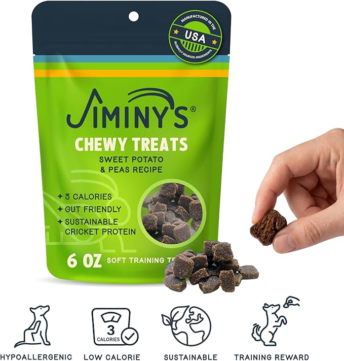 Jiminy's Chewy Cricket Dog Training Treats, Chewy, Low Calorie, Hypoallergenic, Made in USA, 6oz, Sweet Potato & Pea (Pack of 3)