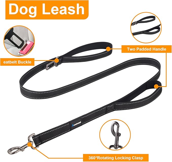 Annchwool Adjustable Dog Collar and 5 FT Leash Set with Heavy Duty Metal Buckle–Comfortable Lining Reflective Collar & Dual-Handles for Medium Large Dogs Walking,Running(Black Set,S:13''-17'')