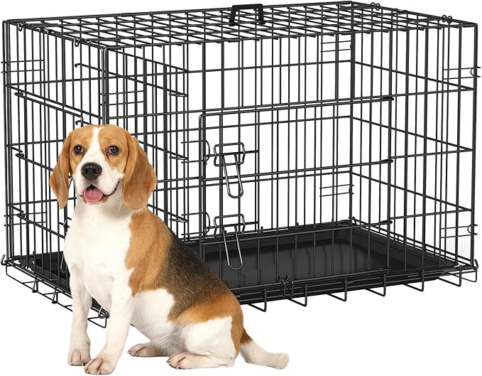FDW Dog Crate 30-Inch Dog Cage Single Door Foldable Metal Kennel with Leakproof Tray Foldable Design Indoor Outdoor Use for Small and Medium Dogs,Dark Black