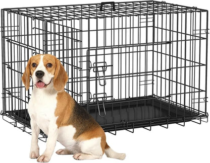 FDW Dog Crate 30-Inch Dog Cage Single Door Foldable Metal Kennel with Leakproof Tray Foldable Design Indoor Outdoor Use for Small and Medium Dogs,Dark Black